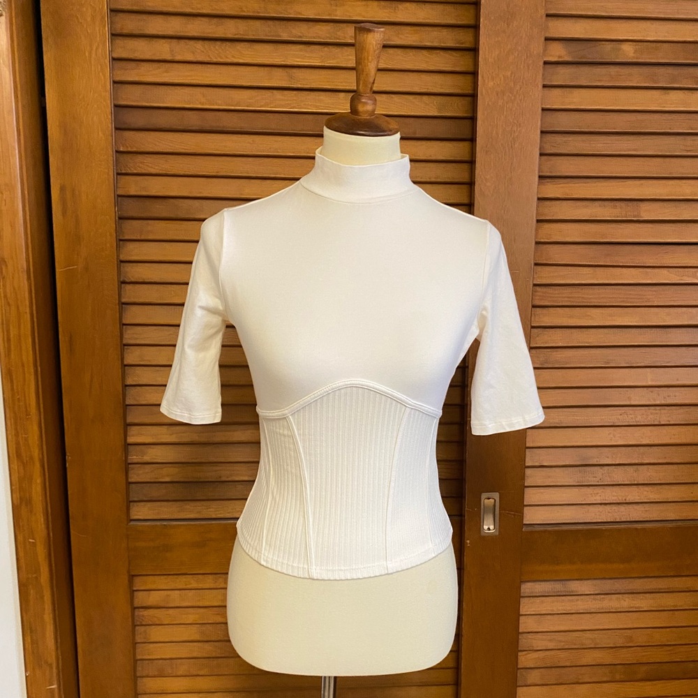 Guess Cream Mock Neck Corset Tee